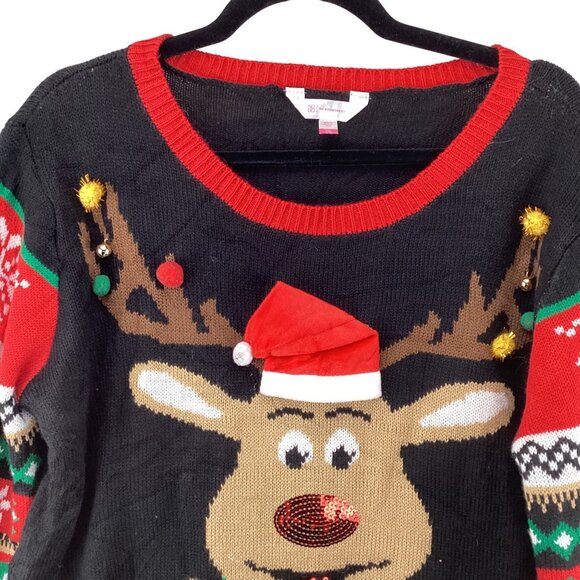 Santas Favorite Christmas Reindeer Sweater Size XXL Bells & Sequins Black Red - Picture 2 of 8